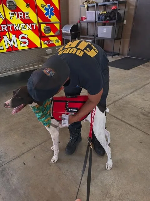 A Buda firefighter bends down to give Rowdy affection